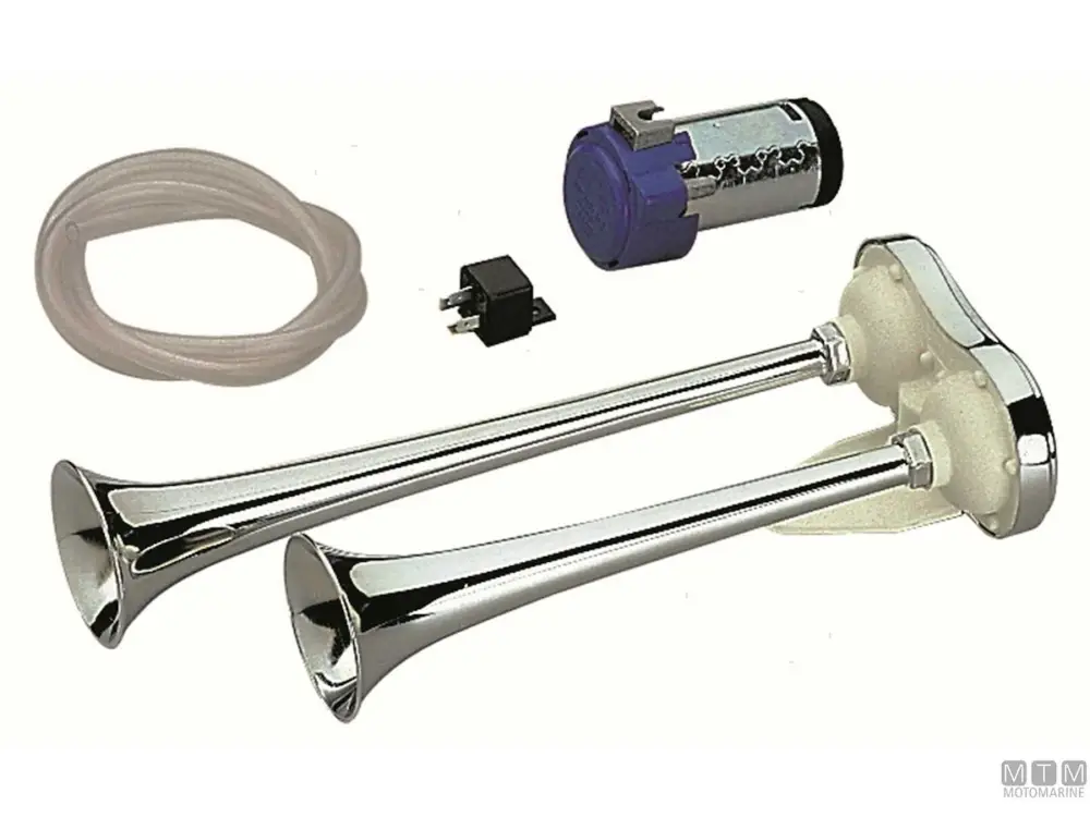 TROMBA DOPPIA MARCO COMPRESSORE 12V L390MM IN OTTONE CROMATO Professionale