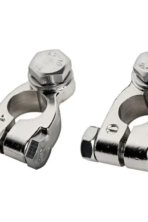 Prezzo Ridotto Coppia morsetti BIG per batteria in ottone nichelato con bulloneria in acciaio inox e perni di fissaggio differenziati.