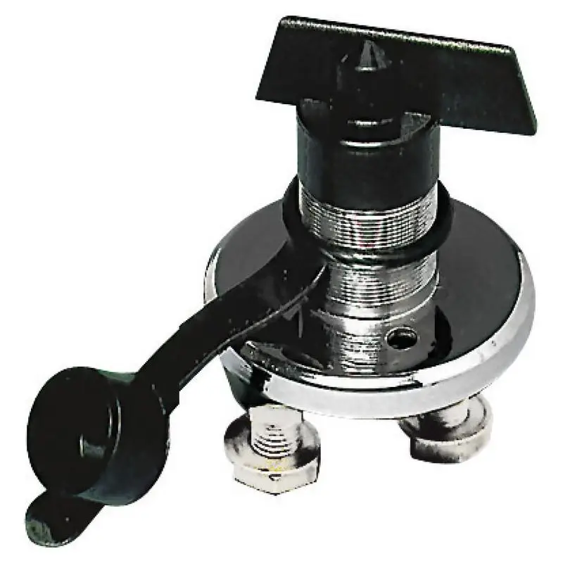 Staccabatteria in policarbonato nero con corpo in acciaio inox AISI 316 e coperchio stagno, chiave antispruzzo in ottone nichelato - Omologato CE, dispositivo obbligatorio per cavo positivo. Prezzo Di Fabbrica