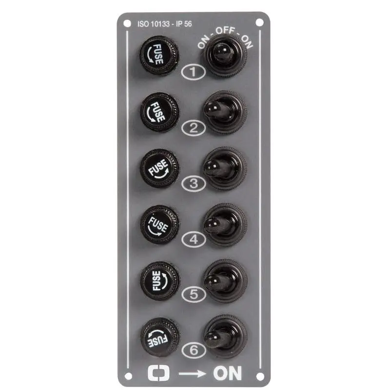 Offerta Del Giorno Pannello Elettrico Nautico a 6 Interruttori con Cappuccio in Gomma e Portafusibili - Grado di Protezione IP56 - Design in Alluminio Grigio
