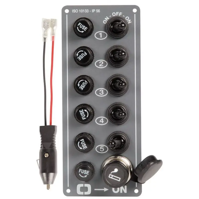 Pannello Nautico Osculati con 5 Interruttori ON-OFF e Presa Accendino in Alluminio Grigio IP56 - Interruttori con Cappuccio in Gomma e Portafusibili in Vetro 6x32 mm Reso Gratuito