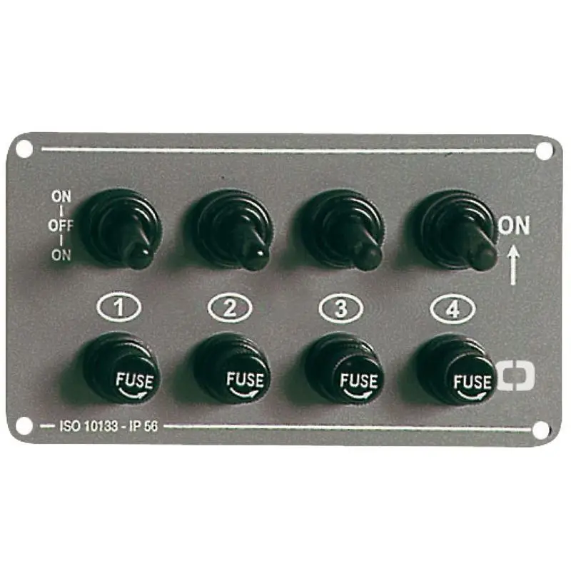 Pannello Interruttori Orizzontale a 4 Circuiti IP56 - 15 A in Alluminio Anodizzato Grigio con Ritorno a Molla per Tromba e Cappuccio in Gomma Promozione Esclusiva