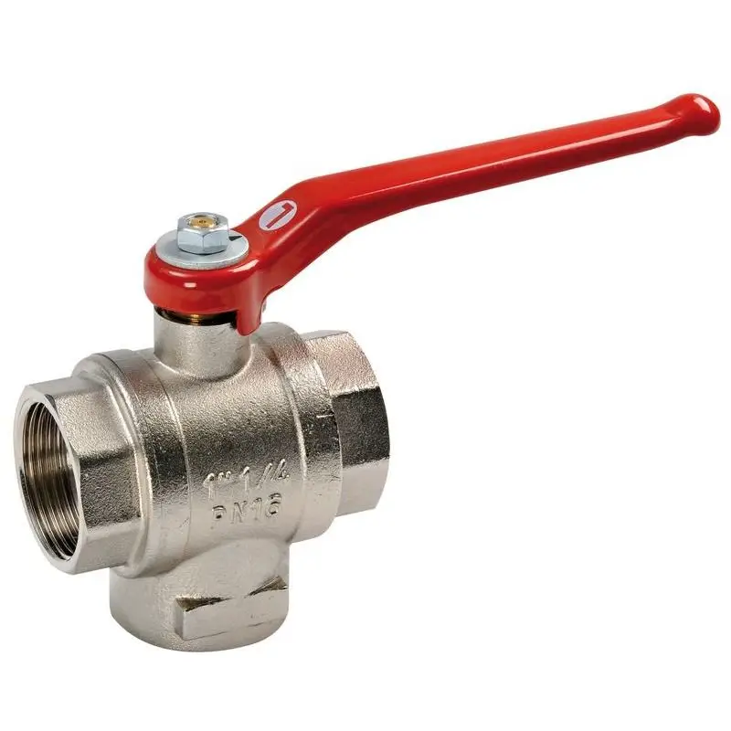 Offerta Speciale Valvola a sfera in ottone 3 vie 3/8 T deviatrice con comando a leva rossa - Corpo in ottone nichelato per impianti idrici e riscaldamento, temperatura di lavoro da -10° a +100°