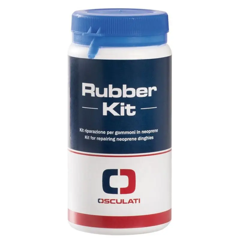 Kit di riparazione in gomma grigio per neoprene con pezzuole, tubo di mastice speciale, tele smeriglio e dito di gomma spalmante per imbarcazioni. Vendita Finale