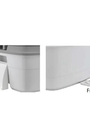 Ultime Pezzi Toilette portatile Tecma per imbarcazioni, design innovativo, serbatoio di raccolta e scarico con acqua pulita, colore bianco e grigio, ideale per utilizzo nautico.