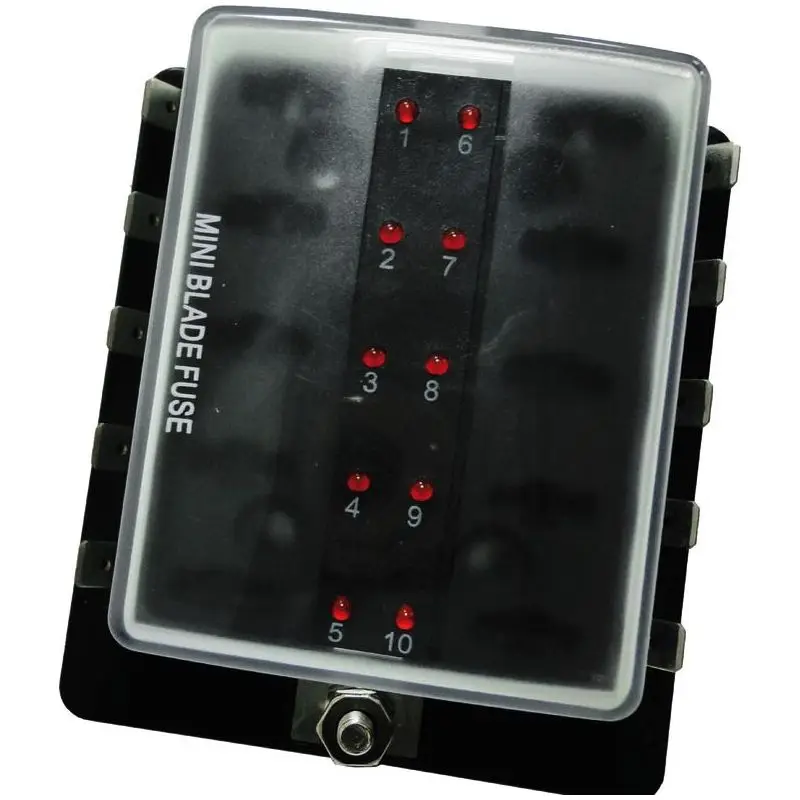 Ultima Occasione Scatola portafusibili lamellari MINI 10 uscite - Corpo antifiamma in PBT, coperchio trasparente, contatti in rame stagnato, LED di segnalazione fusibile interrotto.