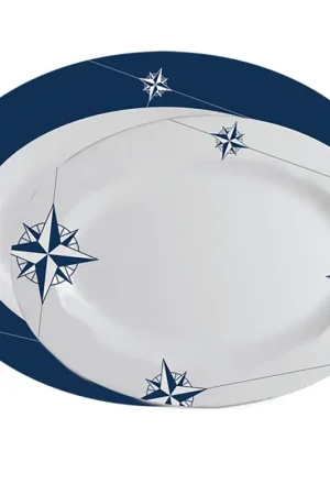Vassoi Ovali Serie Northwind - Set di 2 Piatti Ovali in Melamina Blu Navy e Bianco con Anello Antiscivolo - Lavabili in Lavastoviglie Prezzo Basso