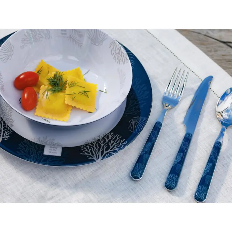 Piatti Fondi Serie Living - Set da 6 Pezzi Ø 19 cm in Melamina PBA Free con Design Coralli e Conchiglie, Blu Navy e Beige - Lavabili in Lavastoviglie e con Anello Antiscivolo Ultime Pezzi